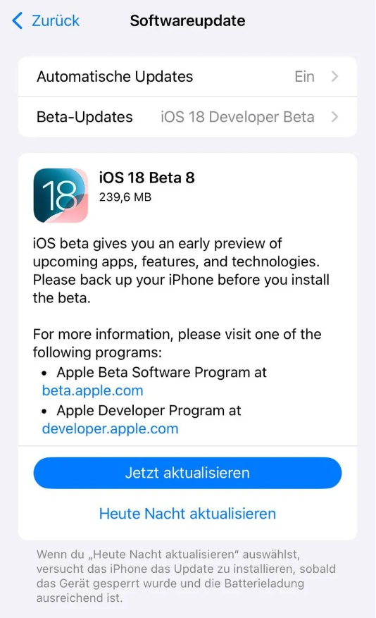 犍为苹果手机维修分享苹果 iOS / iPadOS 18 开发者预览版 Beta 8 发布 